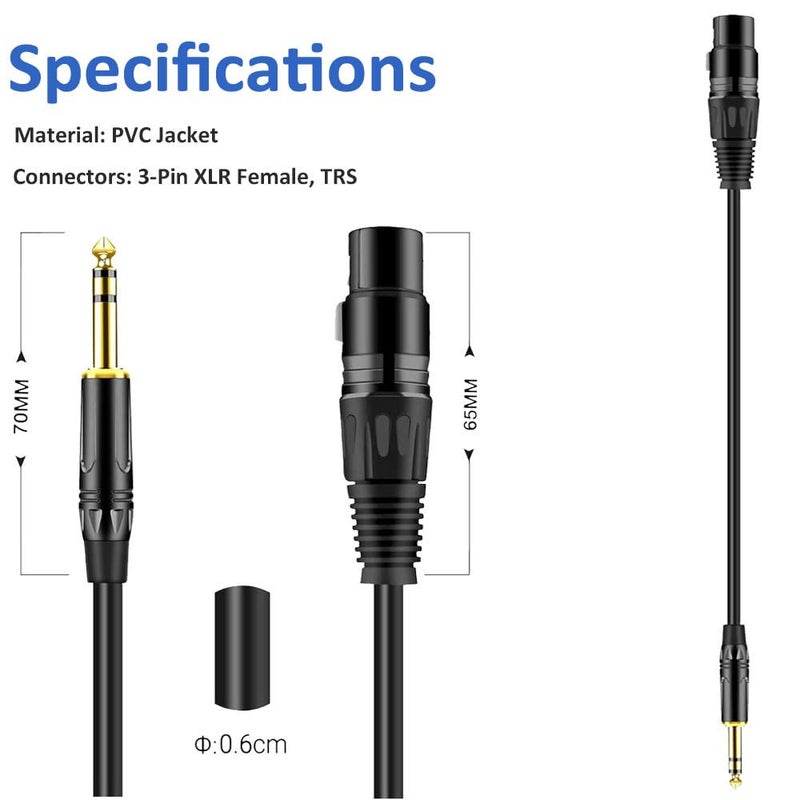 DREMAKE Balanced Cable 33 Foot TRS 6.35mm (1/4 Inch) Male to XLR Female Mic Cable for Amplifier, Speakers - Black - Image 4
